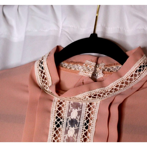 Vintage 80s Prairie Style Core Dress Coral Pink Lantern Sleeve Mock Collar - Picture 5 of 15